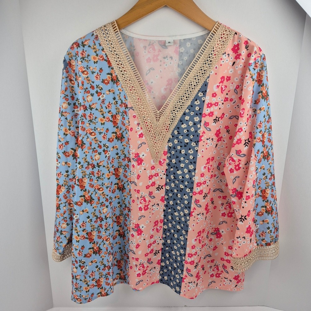 Boho Cottagecore Patchwork Pink Blue Floral Tunic Top XL V-Neck Crochet Trim